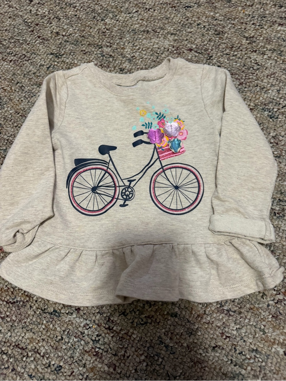 Girls Beige Long-Sleeve Peplum Top with Bicycle Floral Print